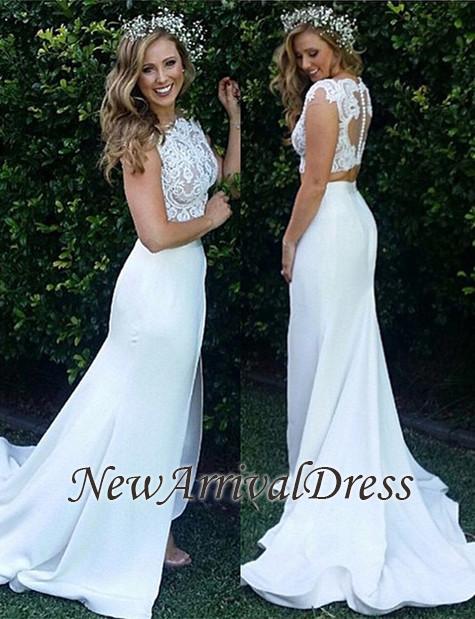 Zipper Sweep Train Mermaid Beautiful Lace Modest Two Piece Wedding Dresses-newarrivaldress