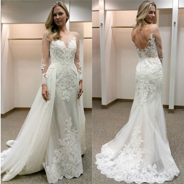 Long Sleeve Tulle Open Back Simple Custom Made Sheath Wedding Dresses