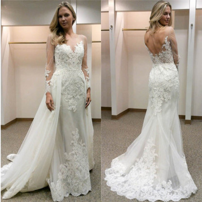 Long Sleeve Tulle Open Back Simple Custom Made Sheath Wedding Dresses