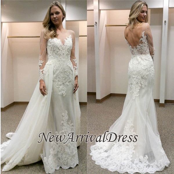 Long Sleeve Tulle Open Back Simple Custom Made Sheath Wedding Dresses