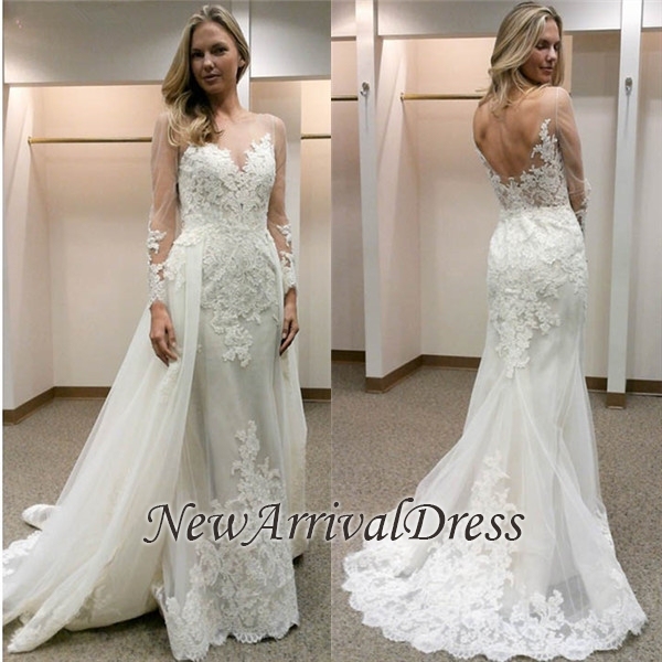 Long Sleeve Tulle Open Back Simple Custom Made Sheath Wedding Dresses