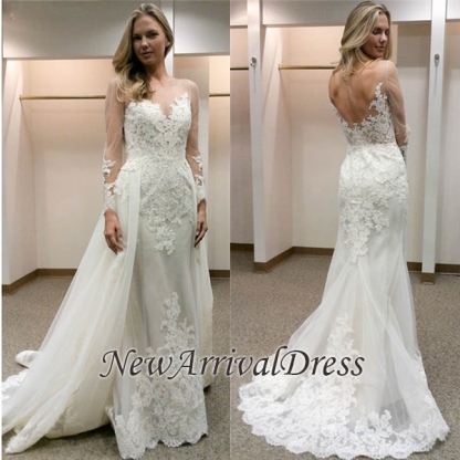 Long Sleeve Tulle Open Back Simple Custom Made Sheath Wedding Dresses