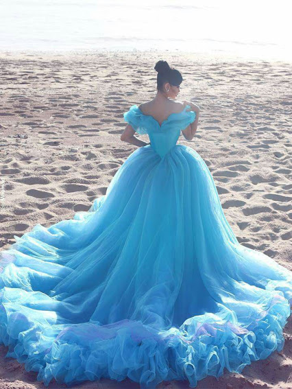 Glamorous Princess Wedding Dresses Sexy Off The Shoulder Blue Chapel Train Party Gowns-newarrivaldress
