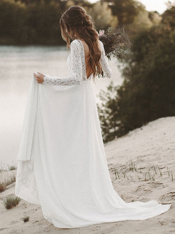 Simple Wedding Dress A Line V Neck Long Sleeve Floor Length Chiffon Lace Beach Wedding Dresses-newarrivaldress