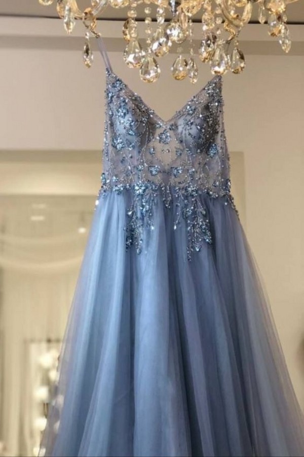 Stunning Spaghetti Straps Beadings Long Evening Dress Tulle V-Neck Side Split Prom Dress-newarrivaldress