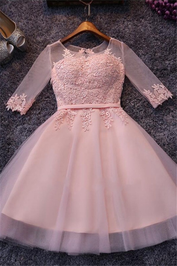 Appliques Tulle Half Sleeves Pink Sexy Short Homecoming Dresses-newarrivaldress