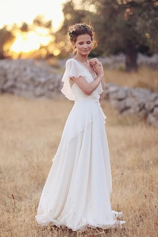 V Neck Chiffon Boho Unique Cap Sleeves Beach Wedding Dress