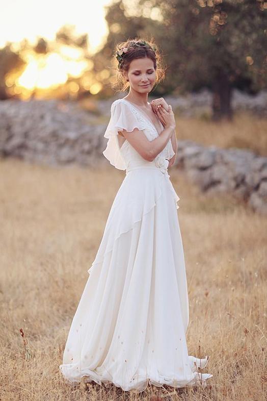 V Neck Chiffon Boho Unique Cap Sleeves Beach Wedding Dress-newarrivaldress