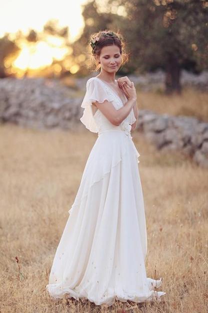 V Neck Chiffon Boho Unique Cap Sleeves Beach Wedding Dress-newarrivaldress