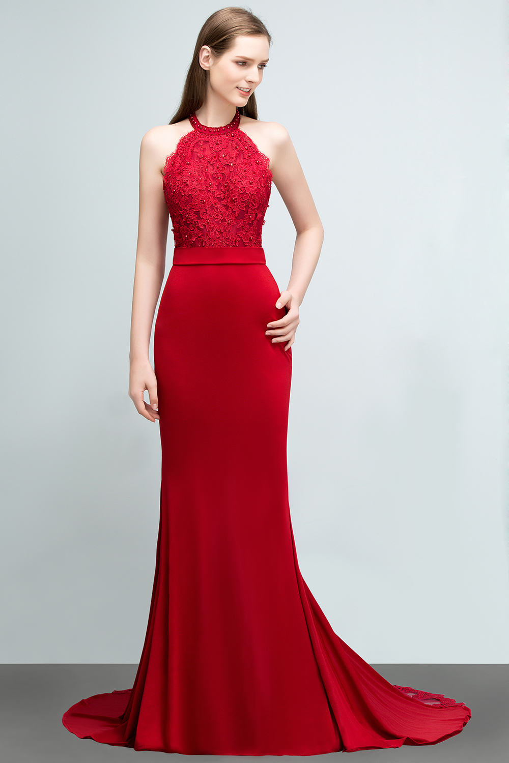 JOY | Mermaid Halter Floor Length Appliqued Beads Red Prom Dresses with Sash-newarrivaldress
