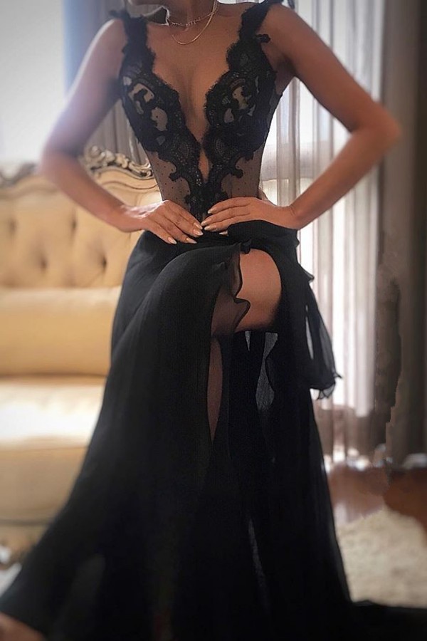 Sexy Black Prom Dress |Lace Evening Gowns With Slit-newarrivaldress