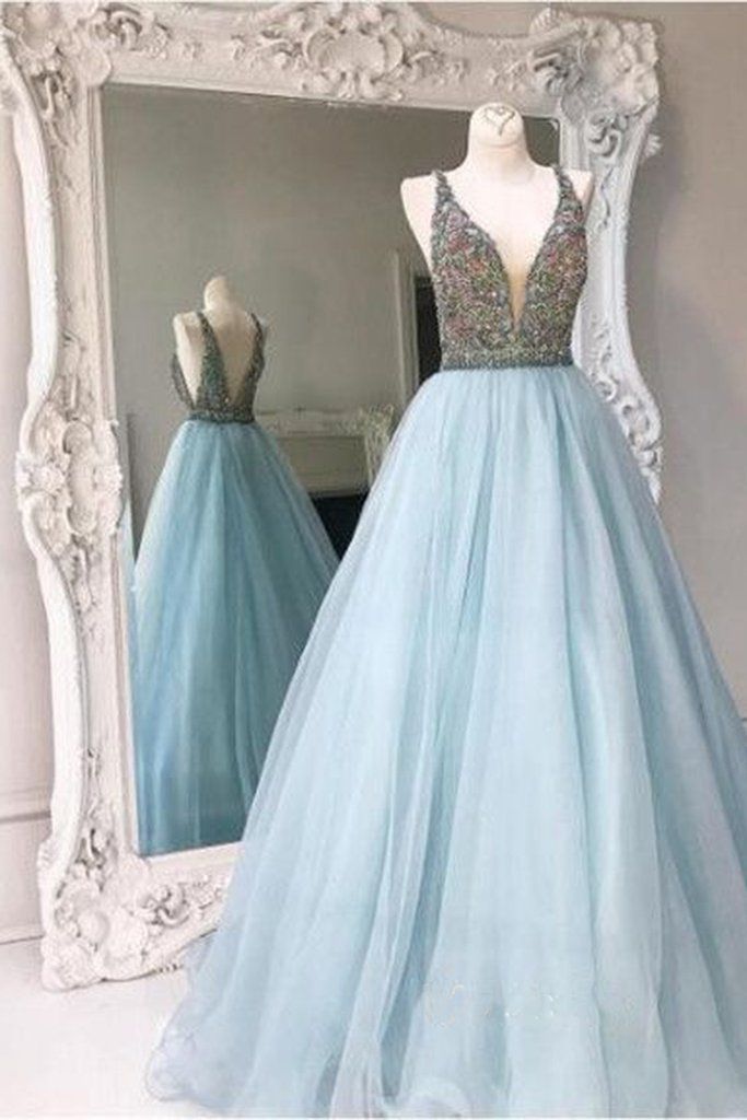 V-neck Sleeveless Crystals Stunning Zipper Tulle Custom Made A-line Prom Dresses-newarrivaldress