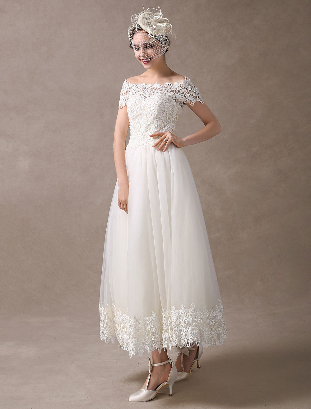 Vintage Wedding Dresses 1950S Off The Shoulder Ivory Lace Short Sleeve Ankle Length Bridal Dress Exclusive-newarrivaldress