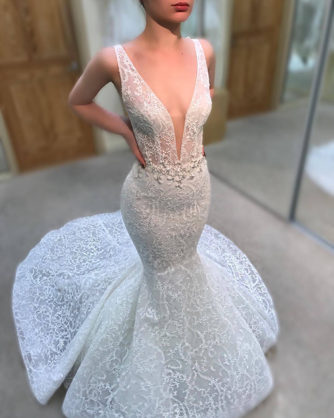 Sexy Straps V-neck Beads Lace Wedding Dresses 2021 | Sleeveless Mermaid Court Train Bridal Gowns-newarrivaldress