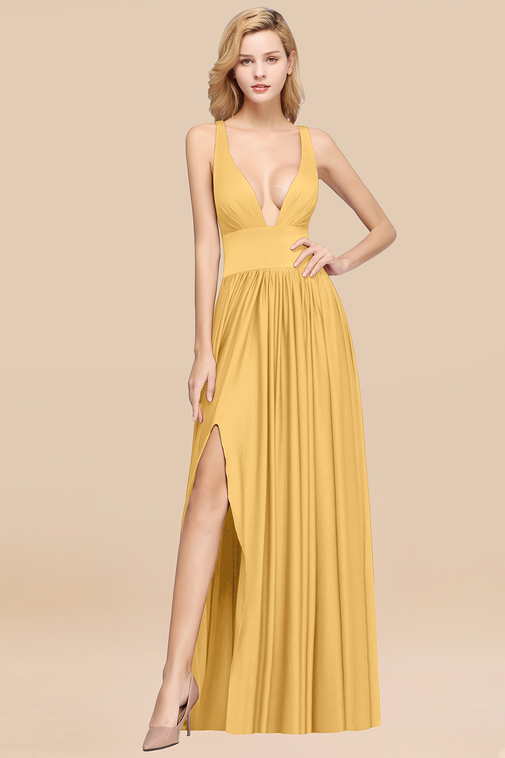 Elegant V-Neck Sleeveless Bridesmaid Dress |Aline Floor Length Bridesmaid Dress With Slit-newarrivaldress