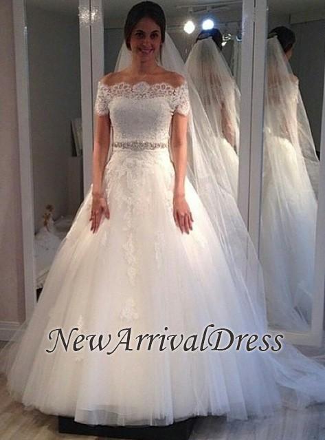 Off The Shoulder Sweep Train Lace Appliques A-line Short Sleeves Wedding Dresses-newarrivaldress