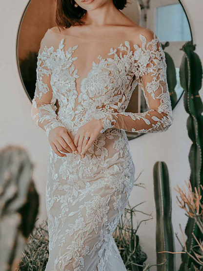 Eric White Wedding Dress Illusion Neckline Long Sleeves Backless Natural Waist Lace With Train Long Bridal Mermaid Dress-newarrivaldress