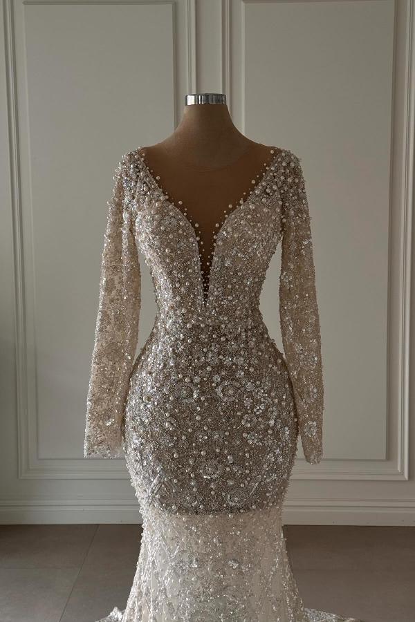Luxury Crew Neck Floral Lace Pearls Mermaid Evening Dress with Sleeves Crystals Special Occasion Dress with Sweep Train-newarrivaldress