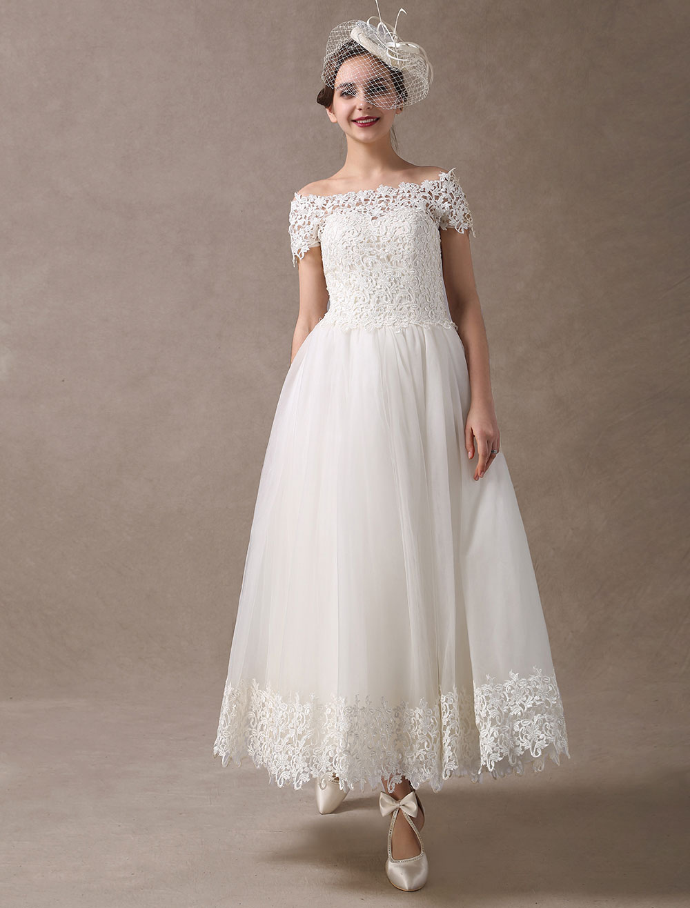 Vintage Wedding Dresses 1950S Off The Shoulder Ivory Lace Short Sleeve Ankle Length Bridal Dress Exclusive Vintage Wedding Dresses 1950S Off The Shoulder Ivory Lace Short Sleeve Ankle Length Bridal Dress Exclusive