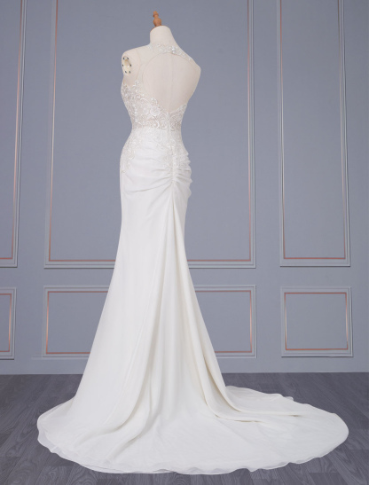 Ivory Wedding Dress Sleeveless Backless Natural Waist Lace Polyester With Train Long Bridal Dresses-newarrivaldress