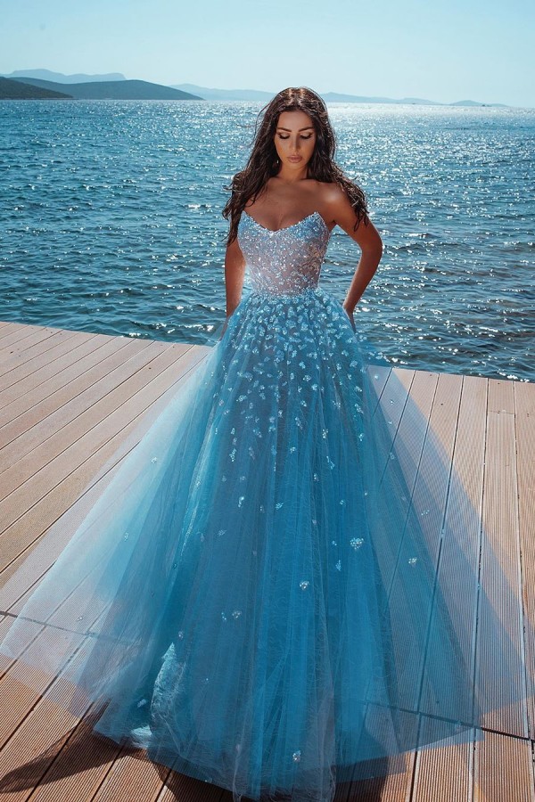 Strapless Shiny Crystal Prom Dresses | Tulle Sleeveless Floor Length Evening Gowns-newarrivaldress