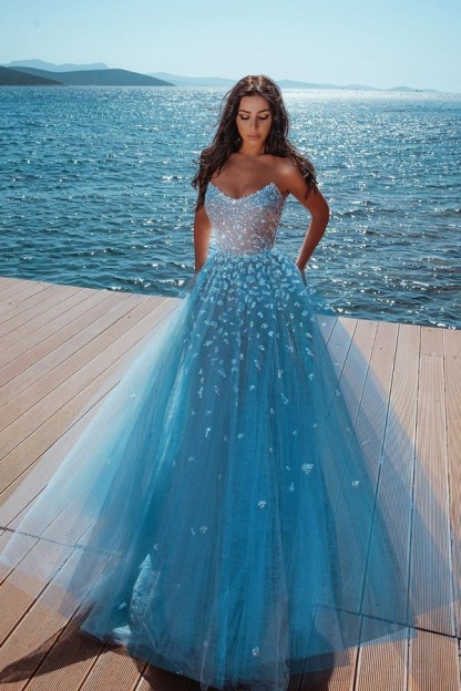 Strapless Shiny Crystal Prom Dresses | Tulle Sleeveless Floor Length Evening Gowns-newarrivaldress