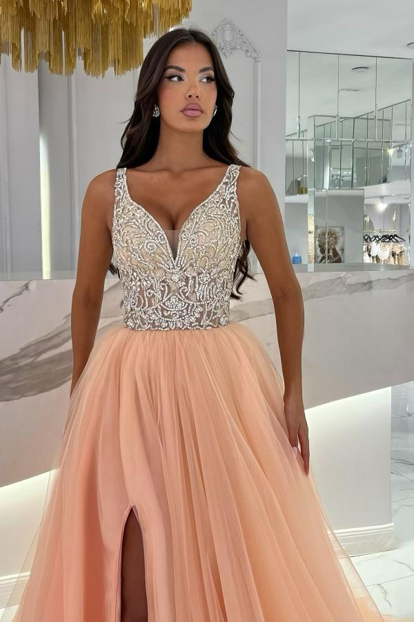 Charming Aline Beadings Front Split Evening Dress Sleeveless Tulle Special Occasion Dress-newarrivaldress