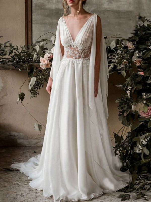 Boho Wedding Dresses Chiffon V Neck High Waist Roman Drapery Sleeve Bridal Gown