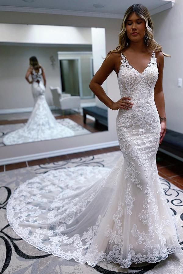 Modest White Floral Lace Mermaid Wedding Dress V-Neck Long Bridal Dress-newarrivaldress