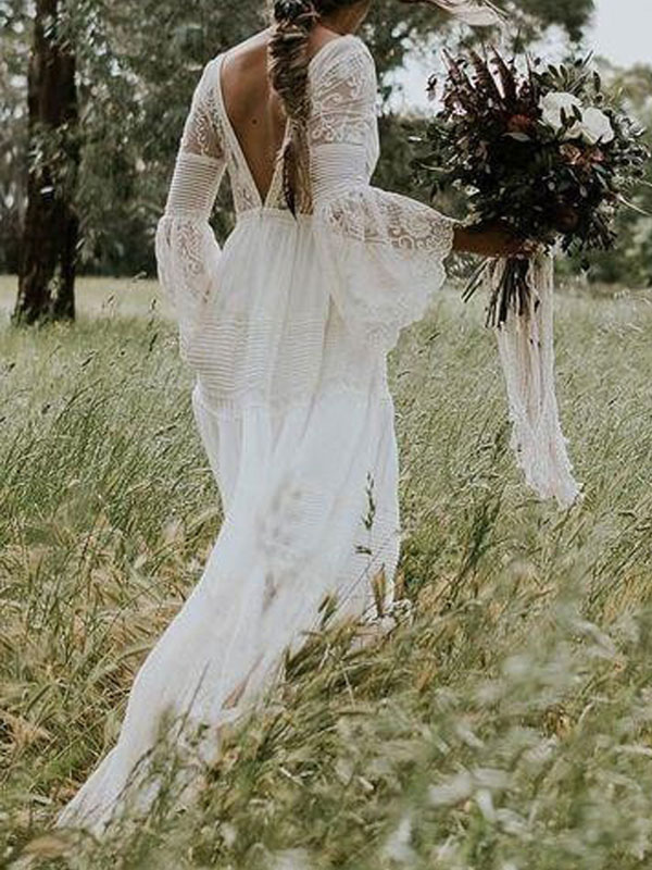 Boho Wedding Dresses 2021 A Line Deep V Neck Multilayer Lace Chiffon Beach Party Dress Bridal Gowns-newarrivaldress