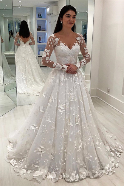 V-Neck Appliques Long Sleeve A-Line Tulle Court Train Wedding Dresses-newarrivaldress