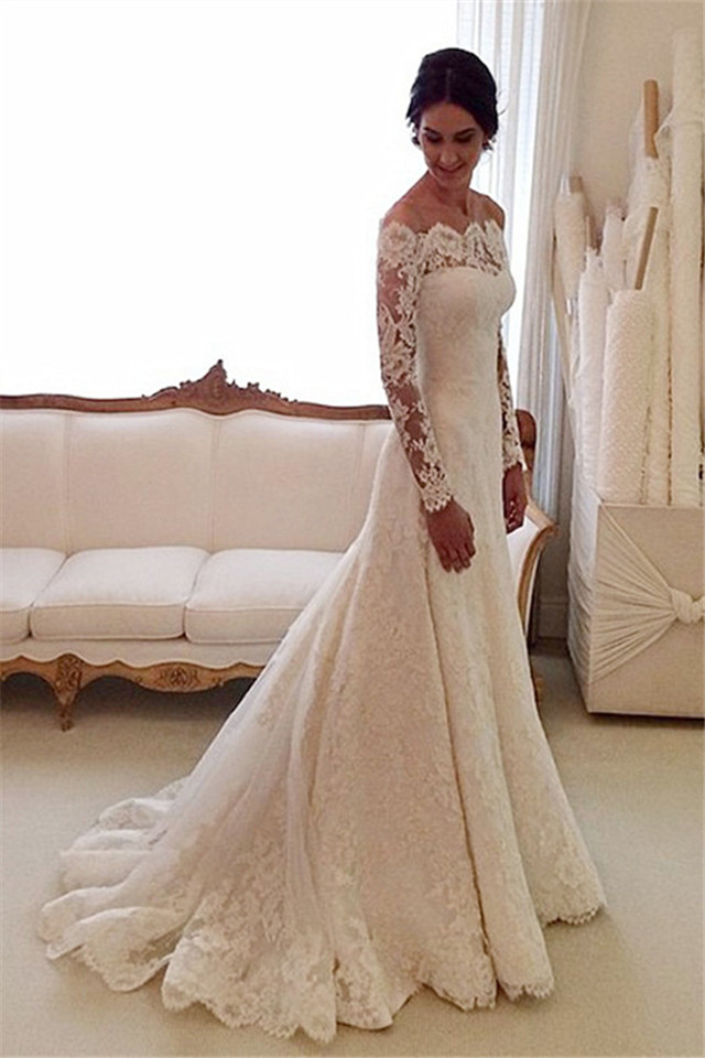 Off-the-shoulder Lace Long Sleeve Bridal Gowns White Sheath Mermaid Wedding Dresses-newarrivaldress