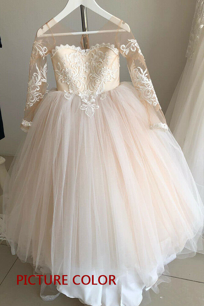 Princess Flower Girls Dress Tulle Long-Sleeve Lace Gown Romantic-newarrivaldress