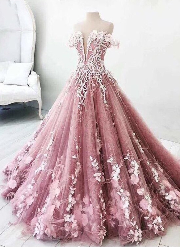 Fairytale Floral Puffy Prom Dresses | Off-The-Shoulder Lace Appliques Quinceanera Dresses-newarrivaldress
