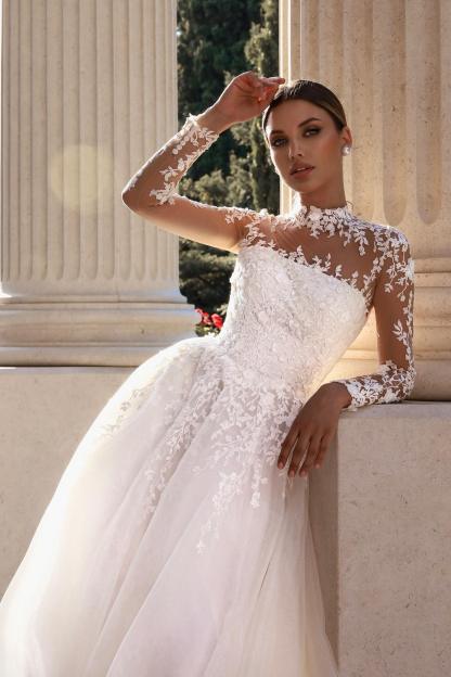 Gorgeous Long Sleeves White Aline Wedding Dresses High Neck Tulle Lace Bridal Dress-newarrivaldress