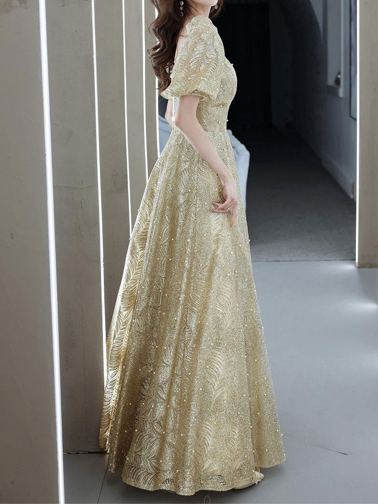 Light Blond Evening Dress A-Line V-Neck Half Sleeves Lace-up Sequined Floor-Length Formal Party Dresses-newarrivaldress