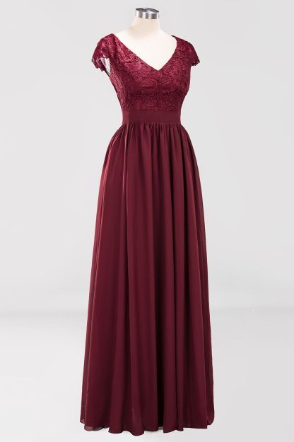 A-line Chiffon Lace V-Neck Sleeveless Floor-Length Bridesmaid Dresses with Ruffles-newarrivaldress