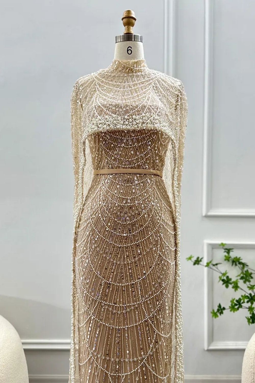 Luxury Sequins Dubai Mermaid Evening Dress with Cape Glitter Pearls Floor Length Party Dress-newarrivaldress