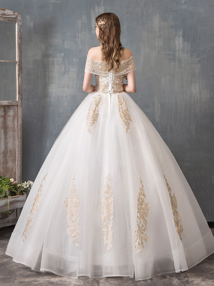 Wedding Dresses 2021 Ball Gown Off Shoulder Golden Lace Appliqued Floor Length Bridal Dress-newarrivaldress