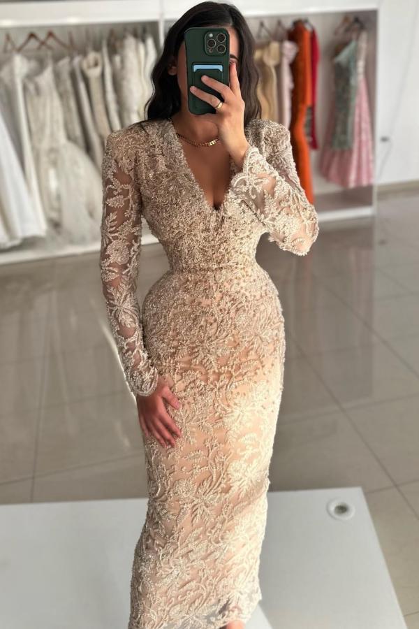 Stunning Floral Lace Tea Length Special Occasion Dress Long Sleeves-newarrivaldress