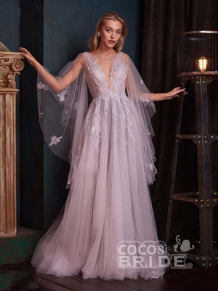 Romantic Deep V-Neck Aline Wedding Dress with Sweep Wrap-newarrivaldress
