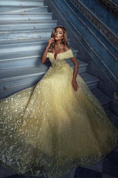 Yellow Off-the-Shoulder Evening Dresses Long | Floral Lace Glitter prom dresses-newarrivaldress