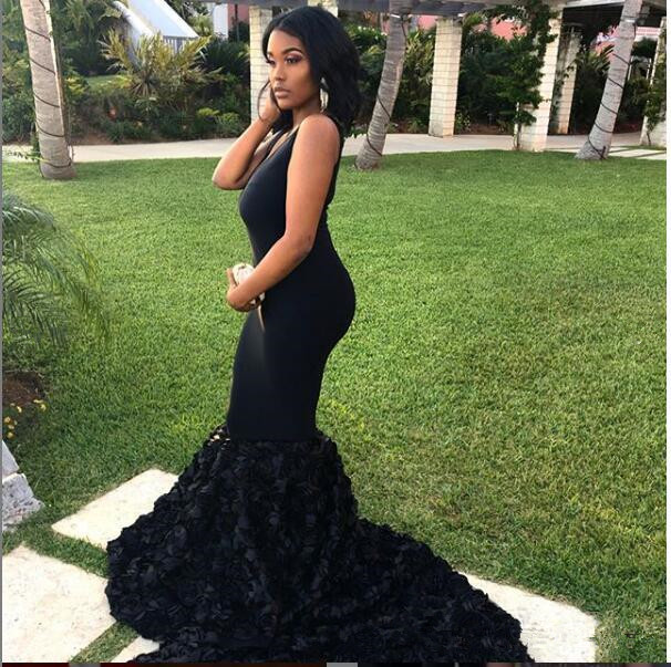 Black Sleeveless Mermaid Prom Dresses | 2021 Sexy Straps V-Neck Flowers Evening Gowns-newarrivaldress
