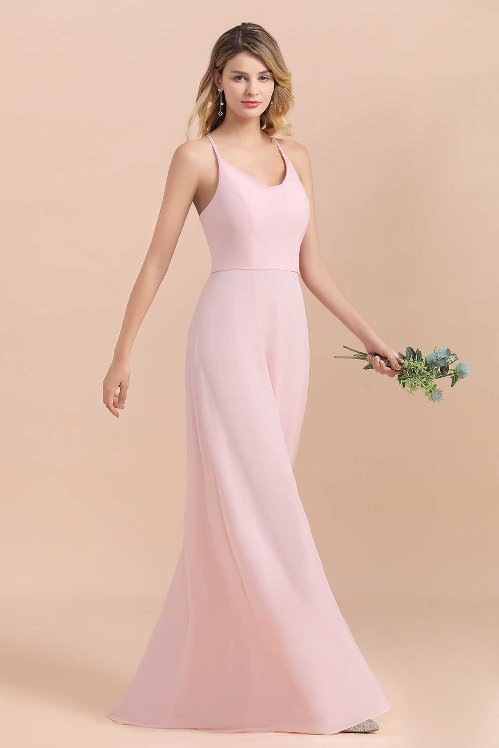 Halter Pink Chiffon Bridesmaid Dresses Backless Long Wedding Party Dress-newarrivaldress