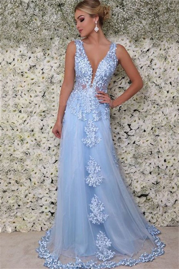 Blue Straps Appliques Sleeveless Tulle A-Line Prom Dresses