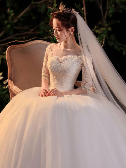 Simple Wedding Dress Eric White Ball Gown Jewel Neck Half Sleeves Applique Long Bridal Dresses-newarrivaldress
