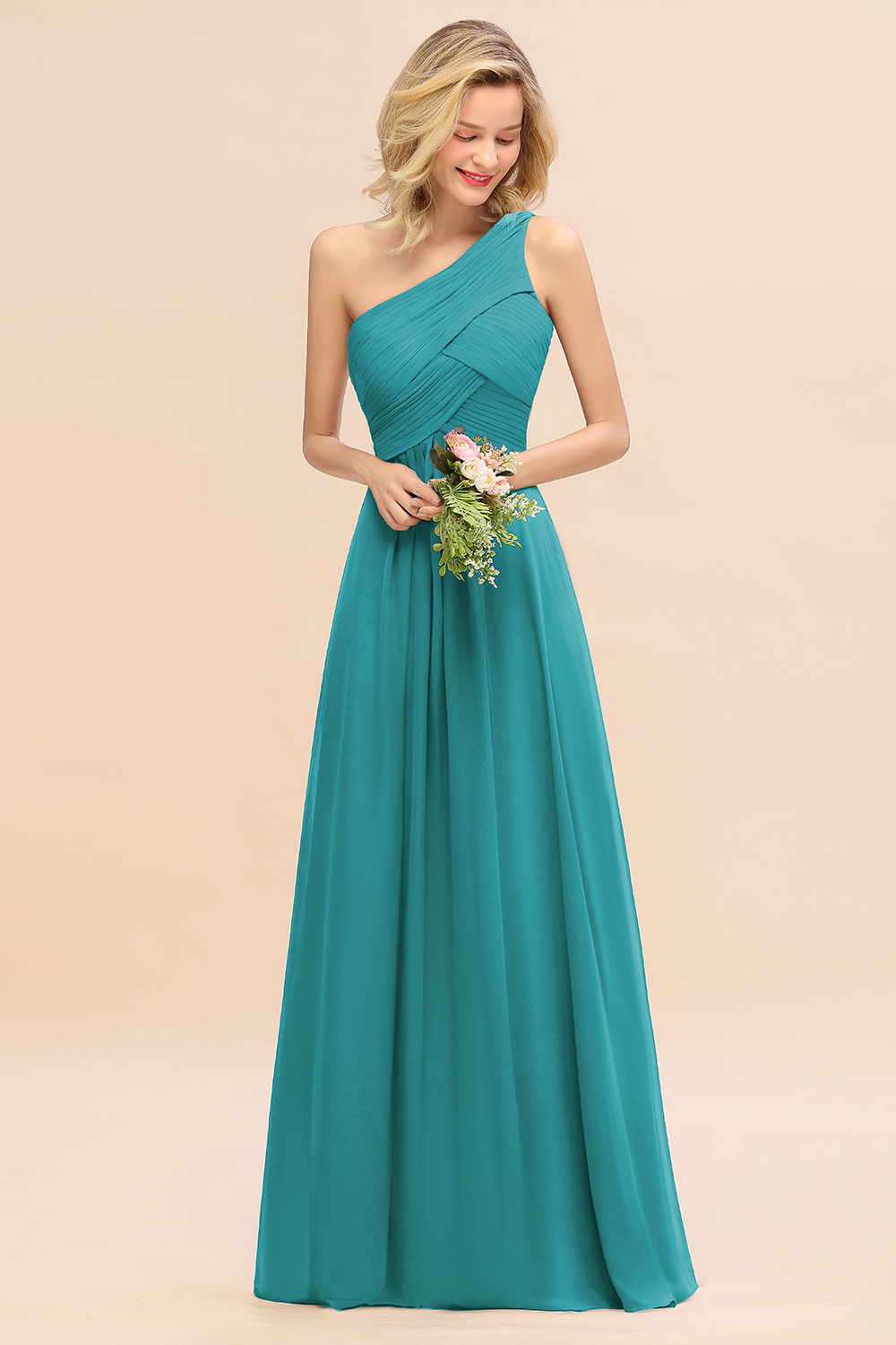 Elegant Ruched Chiffon One Shoulder Bridesmaid Dress Long Sleeveless Evening Dress-newarrivaldress