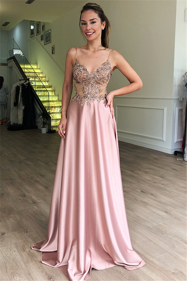 gorgeous pink prom dresses Pink Spaghetti Straps A Line Sequined Lace Long Prom Dresses With Bow Pink / 2