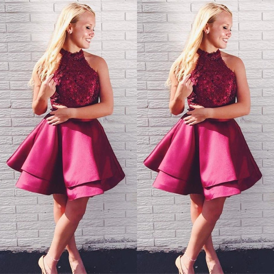 Newest Lace Beads Halter Homecoming Dress | Short Ruffled Party Gown-newarrivaldress