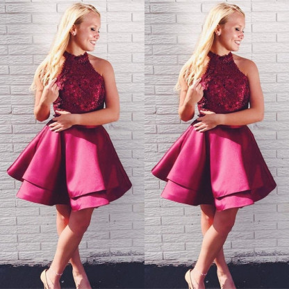 Newest Lace Beads Halter Homecoming Dress | Short Ruffled Party Gown-newarrivaldress